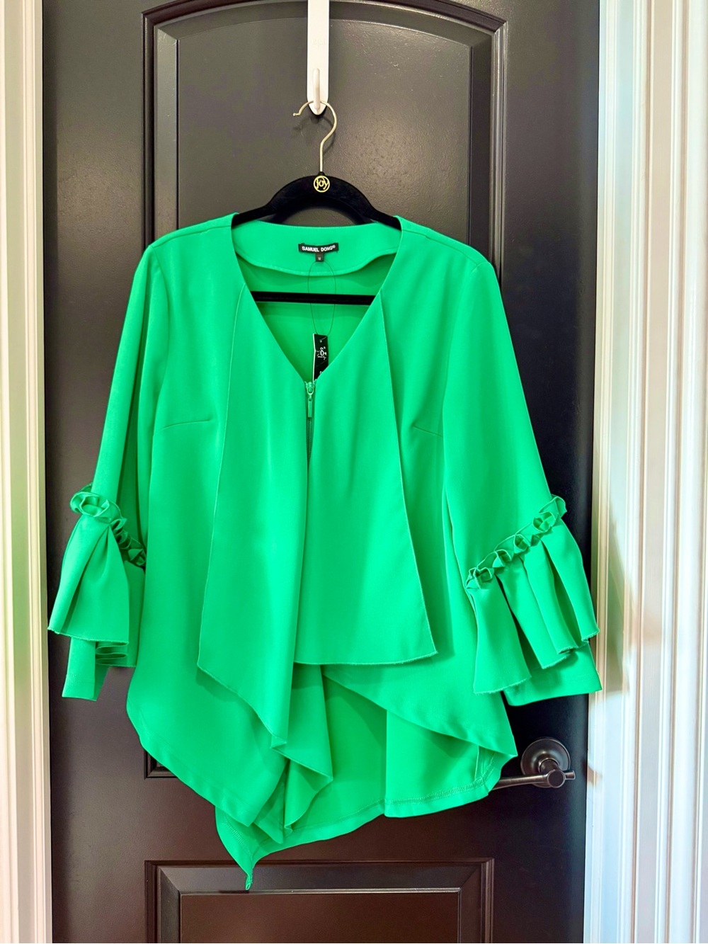 NWT 💚 Samuel Dong Jade Green Asymmetrical Front-Zip Ruffle Sleeve Blouse M
